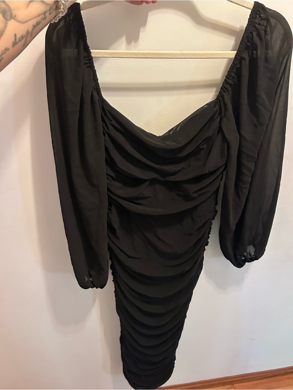Hello Molly Black Ruched Midi Dress with Sheer Long Sleeves